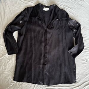 Joan Leslie Women's Black Satin Silky Button Down Shirt Gem Buttons